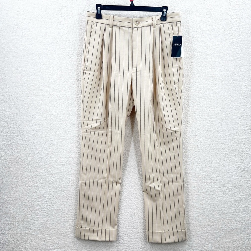 LAUREN RALPH LAUREN Women's Pleated Wool-Blend Beige Black stripe  Pants Size 8